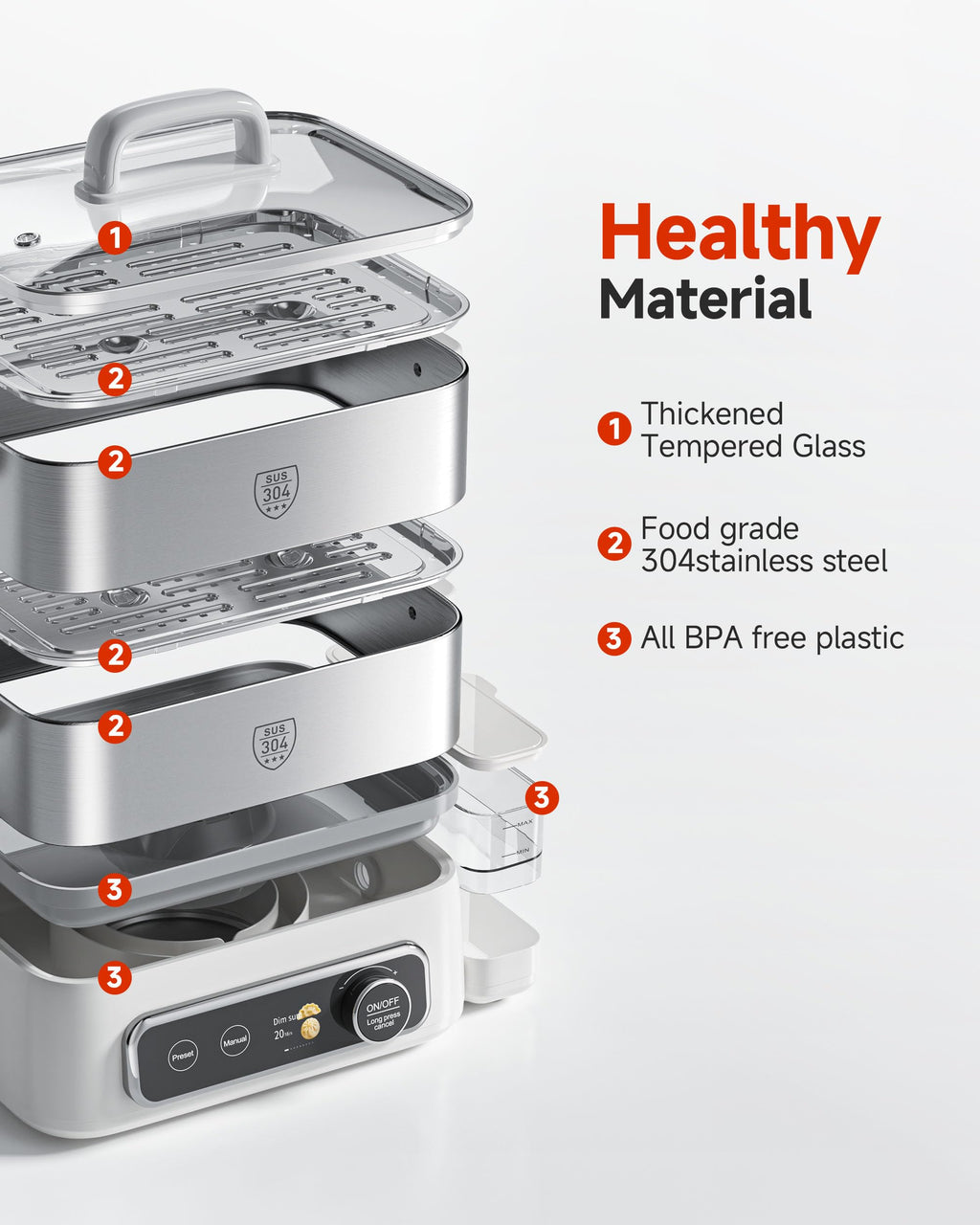 12.7 QT Electric Food Steamer for Cooking with 2 Tier 304 Stainless Steel Tray and Large Capacity