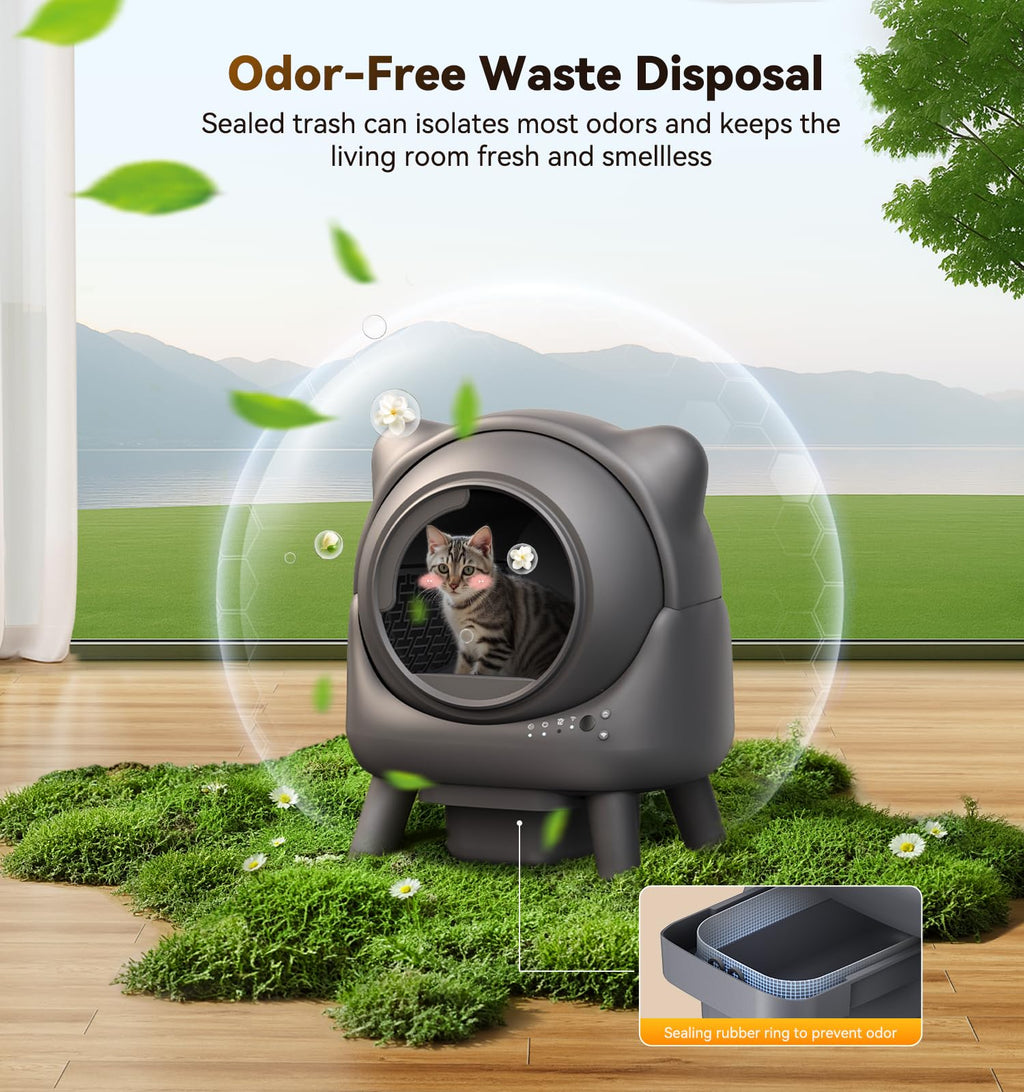 Auto Self Cleaning Litter Box Odor Control Robot Cat Ear 65L App Monitor Multi Cat Safety Sensor 1 Trash Bag