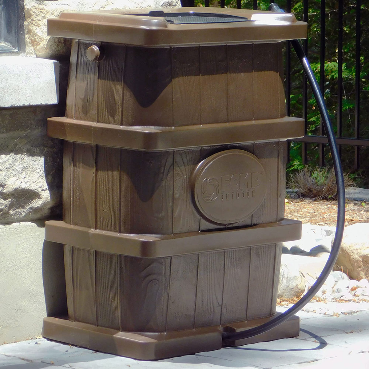 Outdoor slim line design rain barrel 45 gallon brown space saving water collection durable