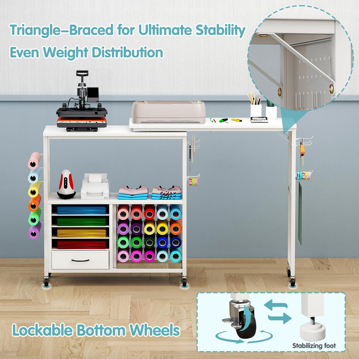 360 Craft Cart 26 Vinyl Storage and Pegboards Rolling Organizer Compatible with Heat Press and Cutting Machine
