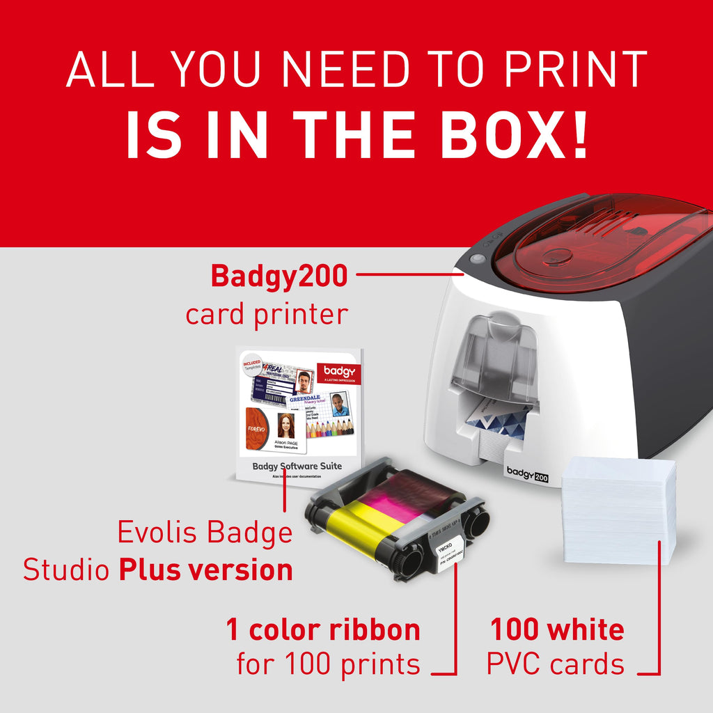 Badgy200 Plastic Card Printer with Badge Studio Plus ID Design Software Full Color Custom Tamper Proof Badges
