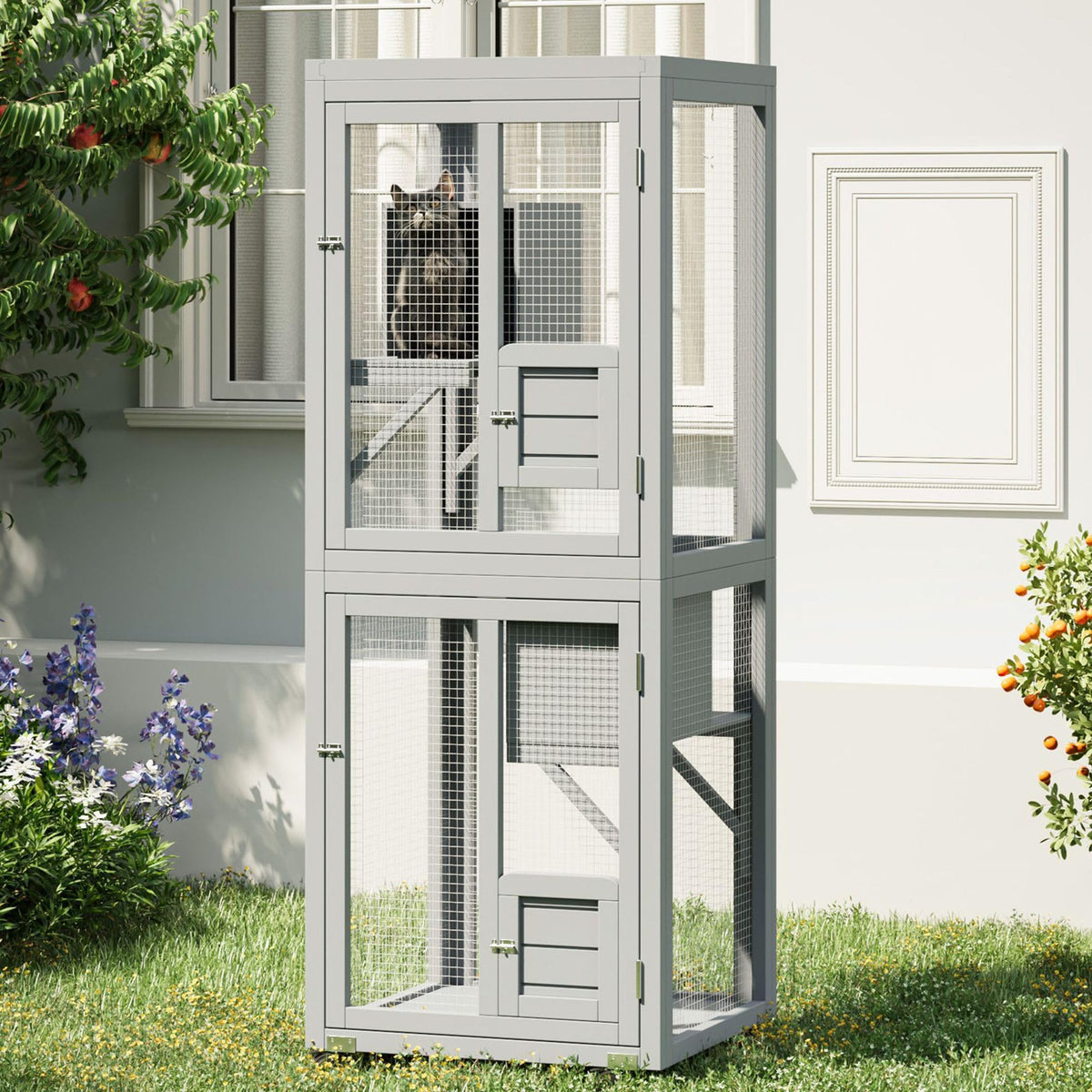 64Inch Outdoor Catio Cat Enclosure Large Cat House Cat Patio Grey for Backyard Garden and Patio