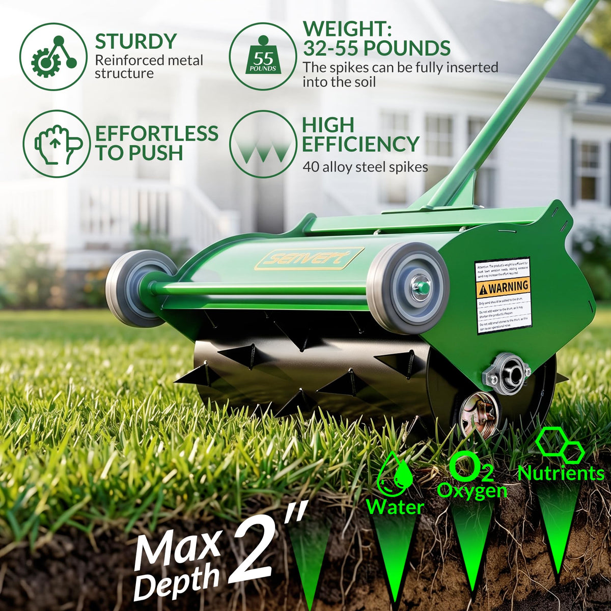 Rolling Lawn Aerator Heavy Duty Push Spike Aeration Tool Up to 55 lbs Manual Rotary Grass Aerator for Yard