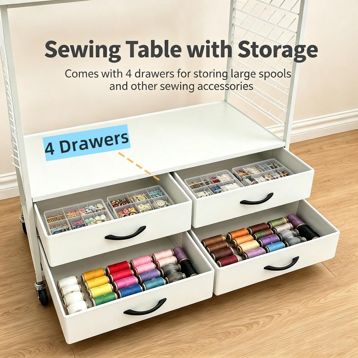 Folding sewing table with storage 46.5 inch 70 pegs and 4 drawers craft organizer for sewing room