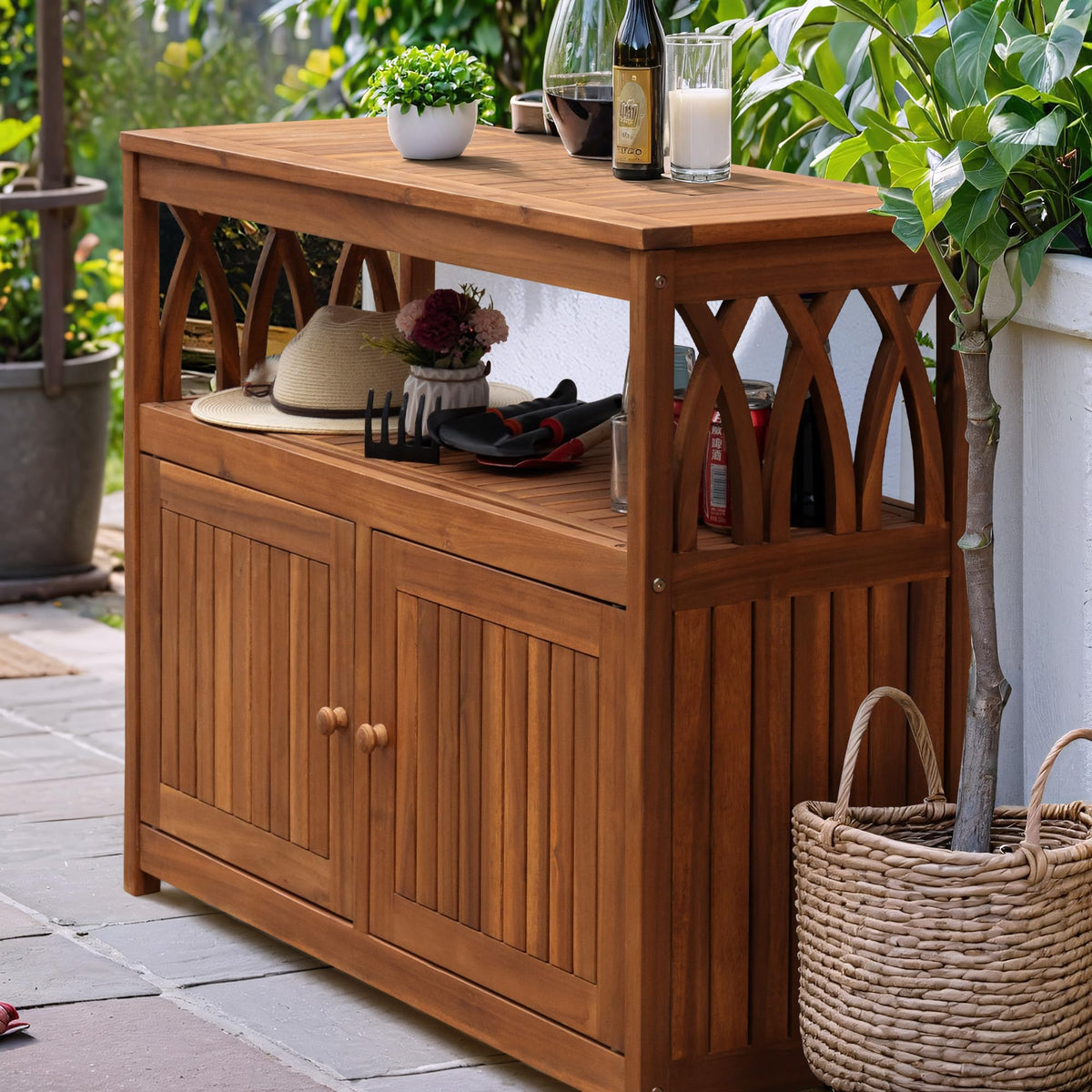 Acacia Wood Outdoor Storage Cabinet Waterproof Potting Table with Weather Resistant Brown Finish