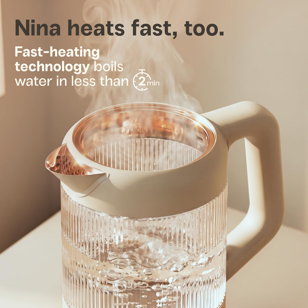 Nina electric tea kettle infuser 1.5L borosilicate glass 304 steel 4 temp presets no plastic contact beige