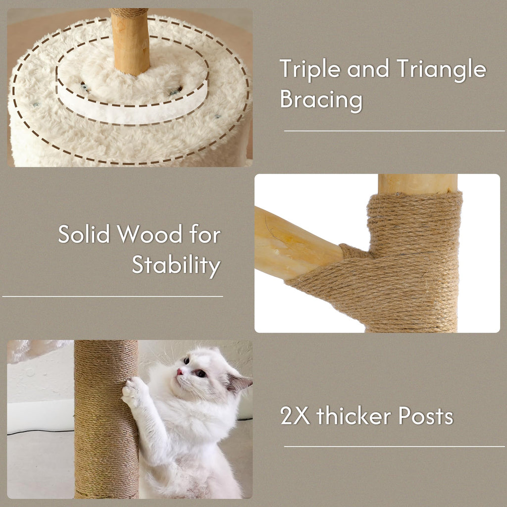 Modern Cat Tree with Hammock 48.5 Inches Cat Tower Real Wood Scratching Post Rattan Basket Perch Condo Beige
