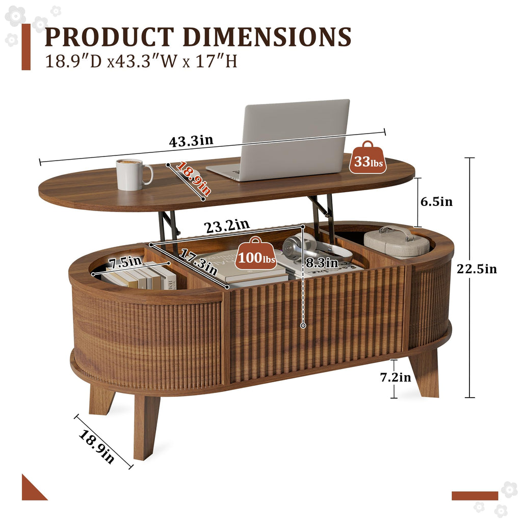 43.3 Inch Fluted Oval Lift Top Coffee Table with Storage, Walnut Finish
