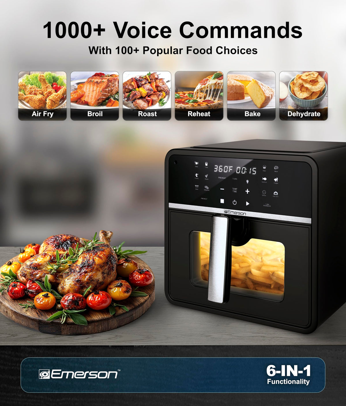 SmartVoice 10QT 6 in 1 Air Fryer 1000 Voice Commands 100 Foods No App No WiFi No Setup Nonstick Basket 1700W