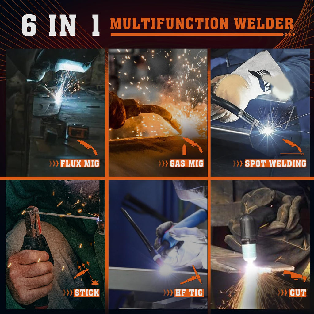 200A 6 in 1 Plasma Cutter Welder Gas MIG Gasless MIG HF TIG Stick Cut Spot Aluminum 110 220V Dual Voltage