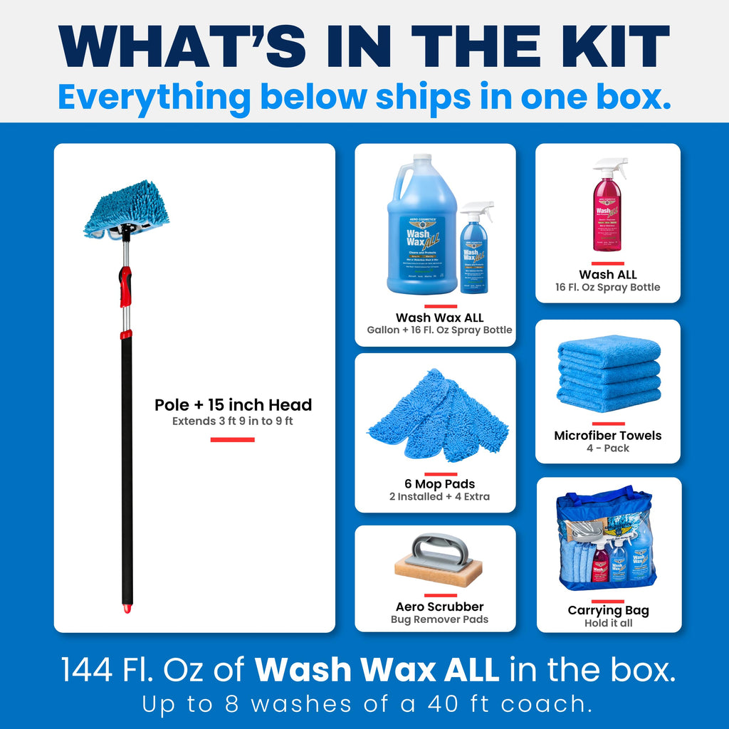 No Rinse Waterless RV Wash Wax Mop Kit with 9 ft Pole for Boat Aircraft Car Truck and RV Cleaning
