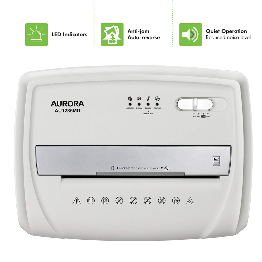 AU1285MD compact high security 12 sheet micro cut paper CD credit card pullout basket shredder white black