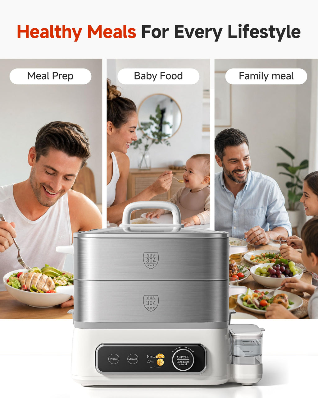 12.7 QT Electric Food Steamer for Cooking with 2 Tier 304 Stainless Steel Tray and Large Capacity