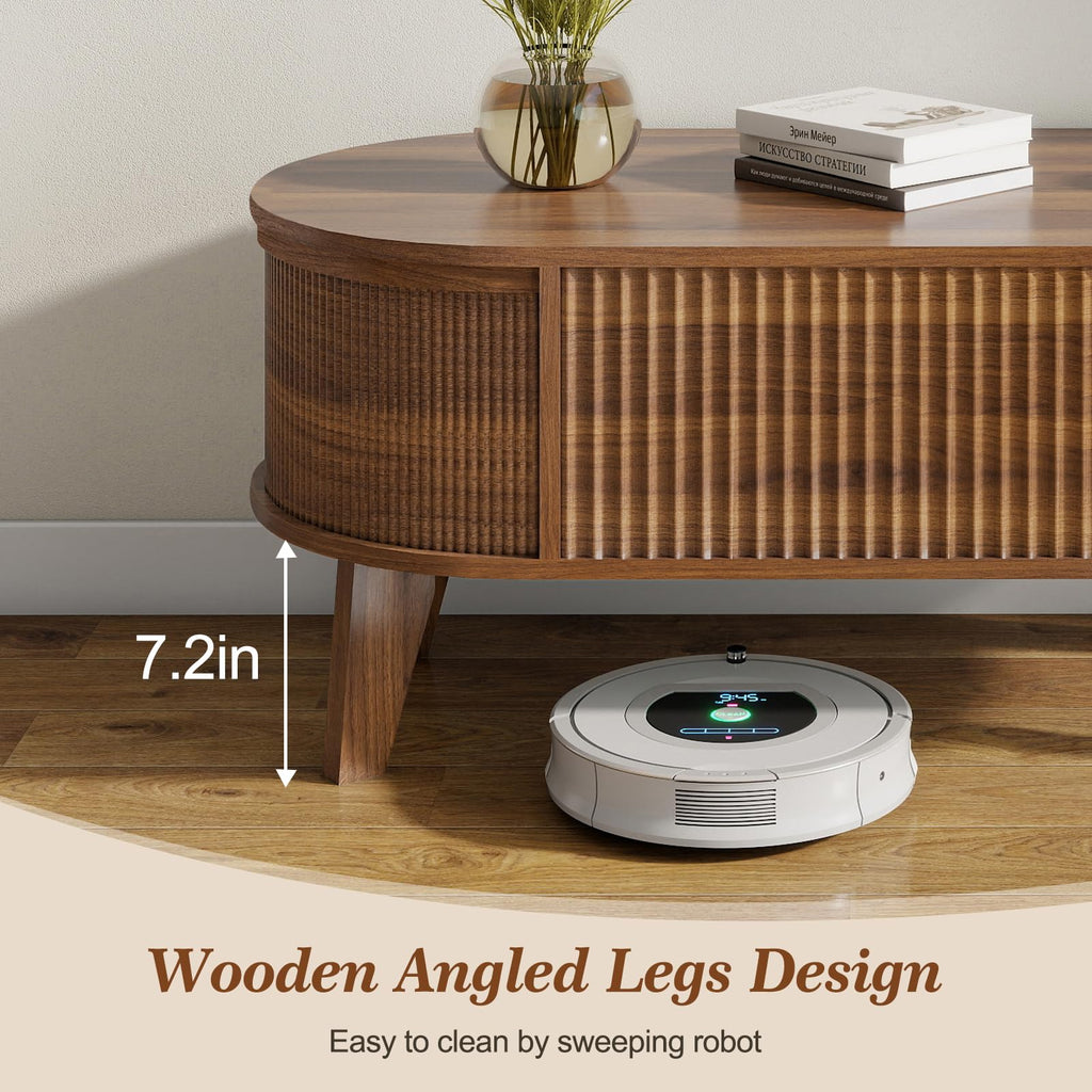 43.3 Inch Fluted Oval Lift Top Coffee Table with Storage, Walnut Finish