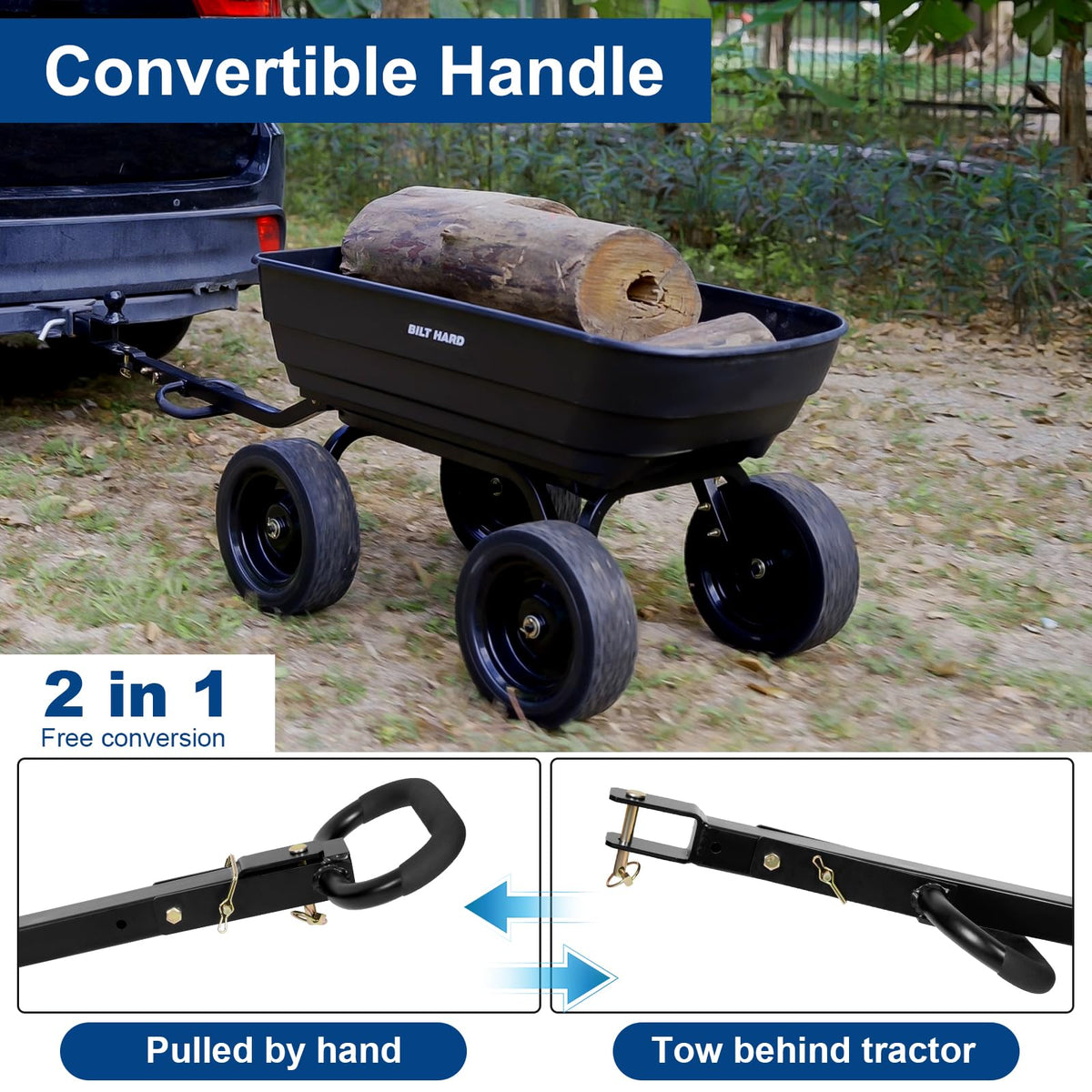 7 cu ft poly garden dump cart 1200 lbs no flat tires quick release 2 in 1 convertible handle heavy duty yard
