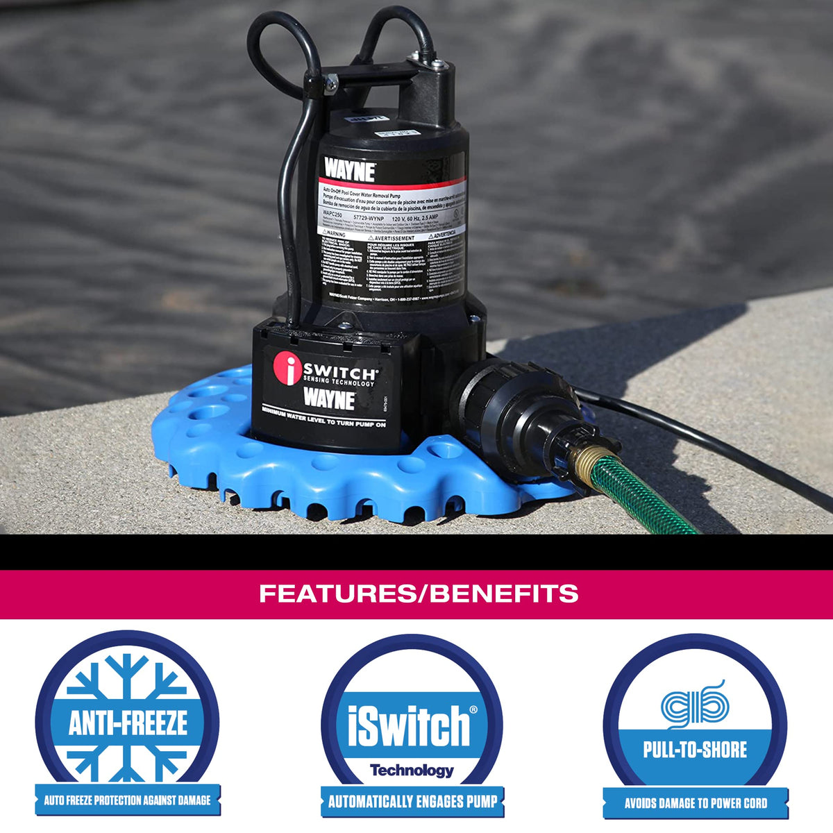 WAPC250 Reinforced Thermoplastic Pool Cover Pump Heavy Duty Submersible Water Removal Pump for Pool Covers