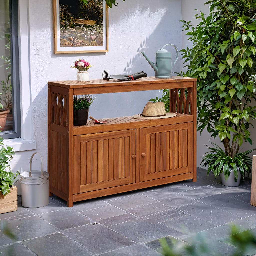 Acacia Wood Outdoor Storage Cabinet Waterproof Potting Table with Weather Resistant Brown Finish