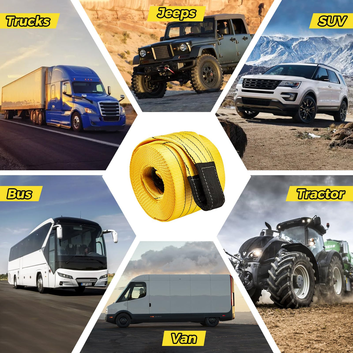 90000lb Heavy Duty Tow Strap 30ft x 7.1in Recovery Rope for Truck SUV RV Tractor 6m 50 Tons Break Strength