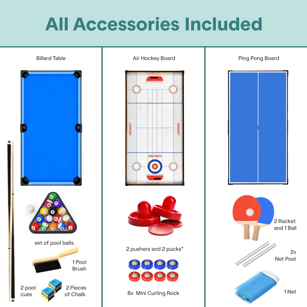 4 in 1 Multi Game Table 4x2 Folding Portable Ping Pong Air Hockey Pool Billiards Shuffleboard with Accessories
