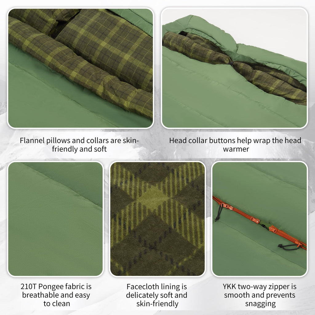 Double Sleeping Bag for Adults with Pillows for Couples and Family 2 Person Camping Hiking Outdoor