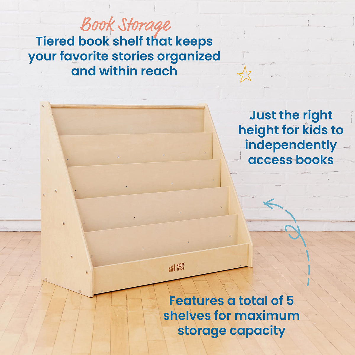 Single Sided Wooden Book Display Shelf for Kids Classroom, 5 Shelves
