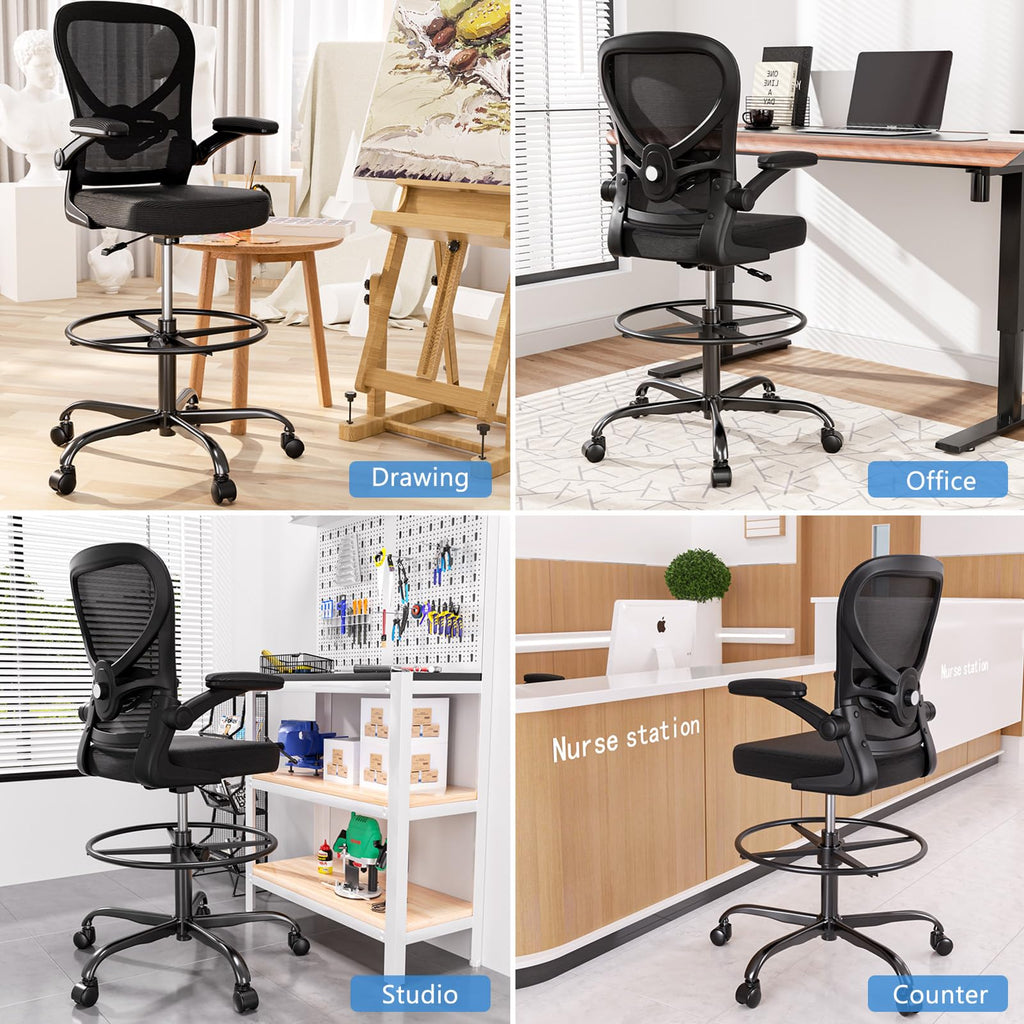 Standing Desk Drafting Chair with Footrest Ergonomic Mesh Lumbar Support Flip up Armrest Rolling Black