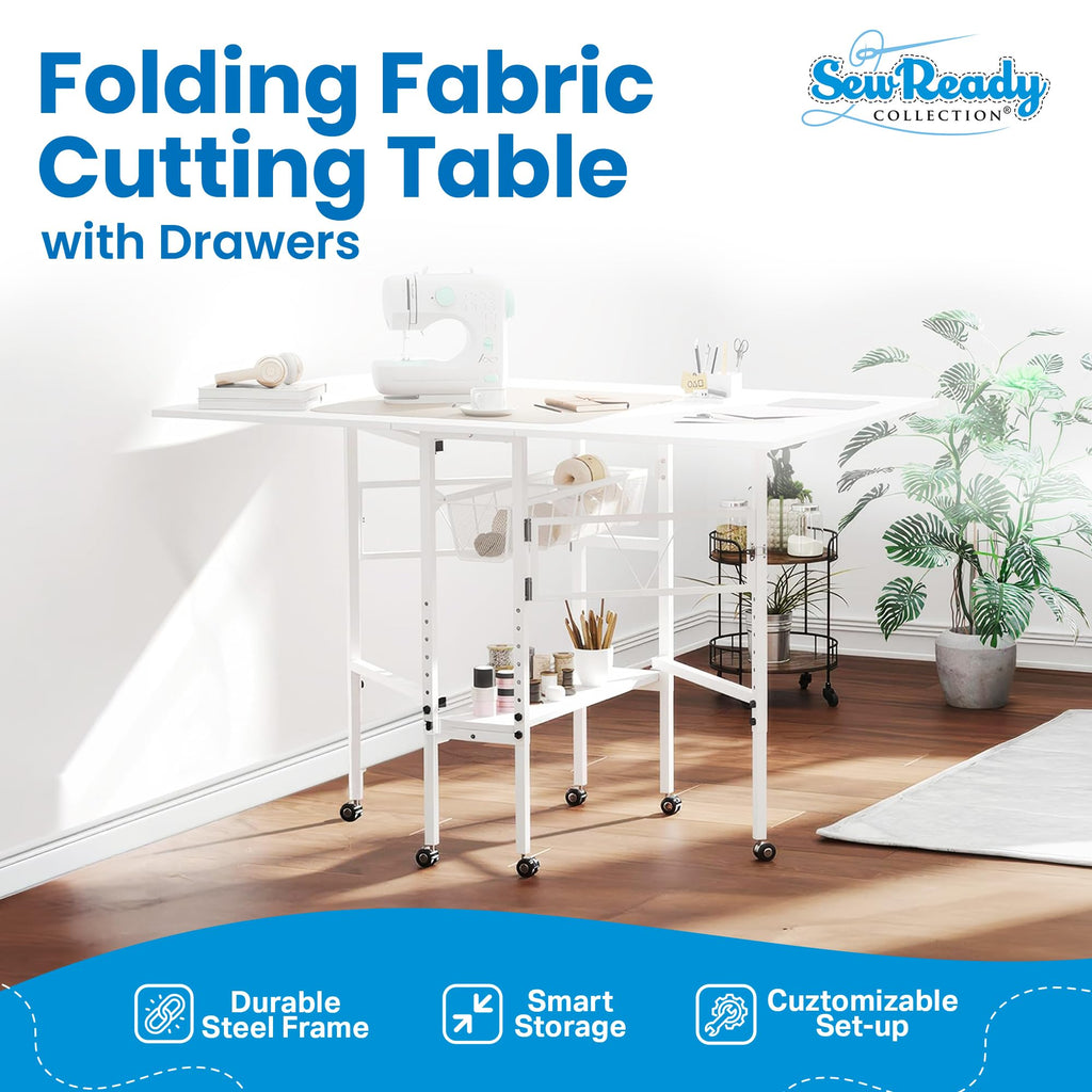 Folding adjustable height sewing craft table with drawers white home hobby workstation desk