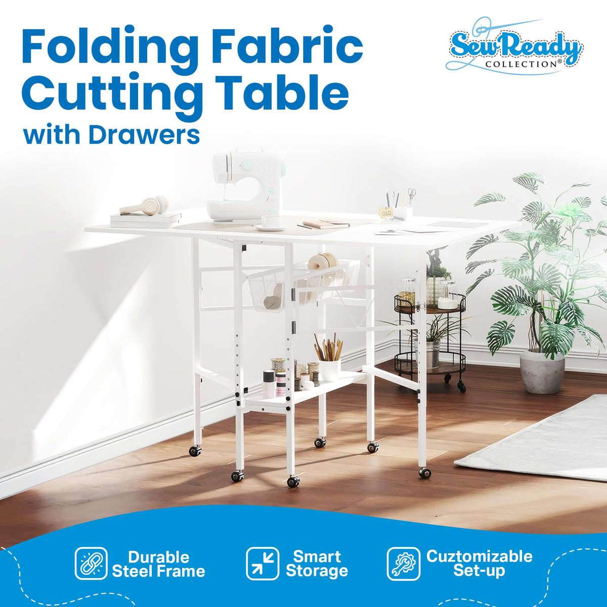 Folding adjustable height sewing craft table with drawers white home hobby workstation desk