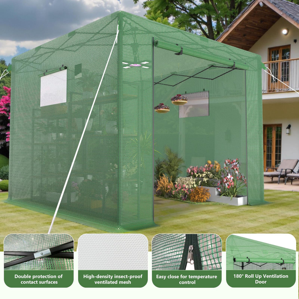 10x10 ft Portable Pop Up Greenhouse for Outdoors Walk In Greenhouse with PE Cover and Mesh Windows