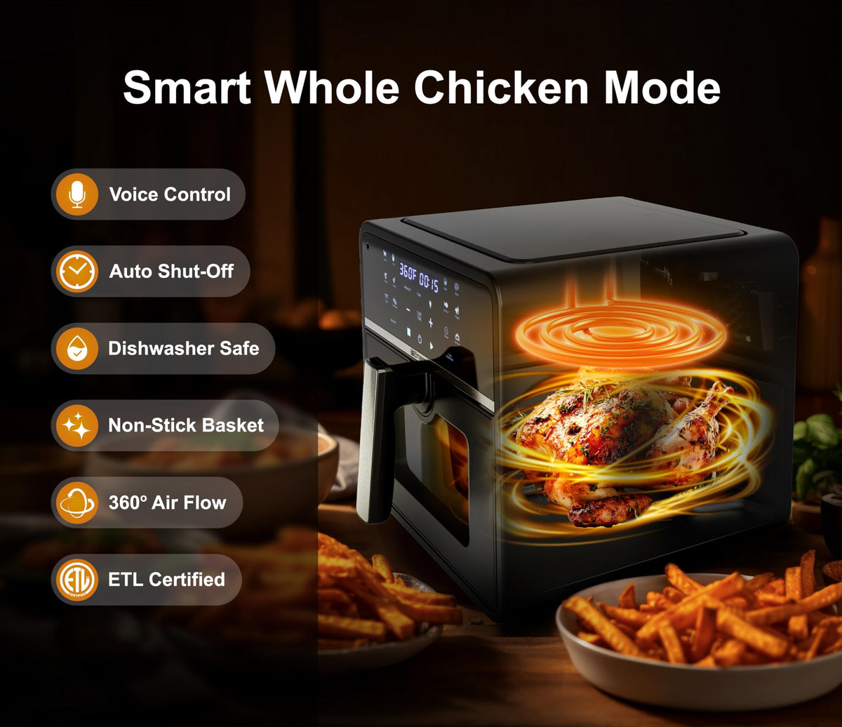 SmartVoice 10QT 6 in 1 Air Fryer 1000 Voice Commands 100 Foods No App No WiFi No Setup Nonstick Basket 1700W