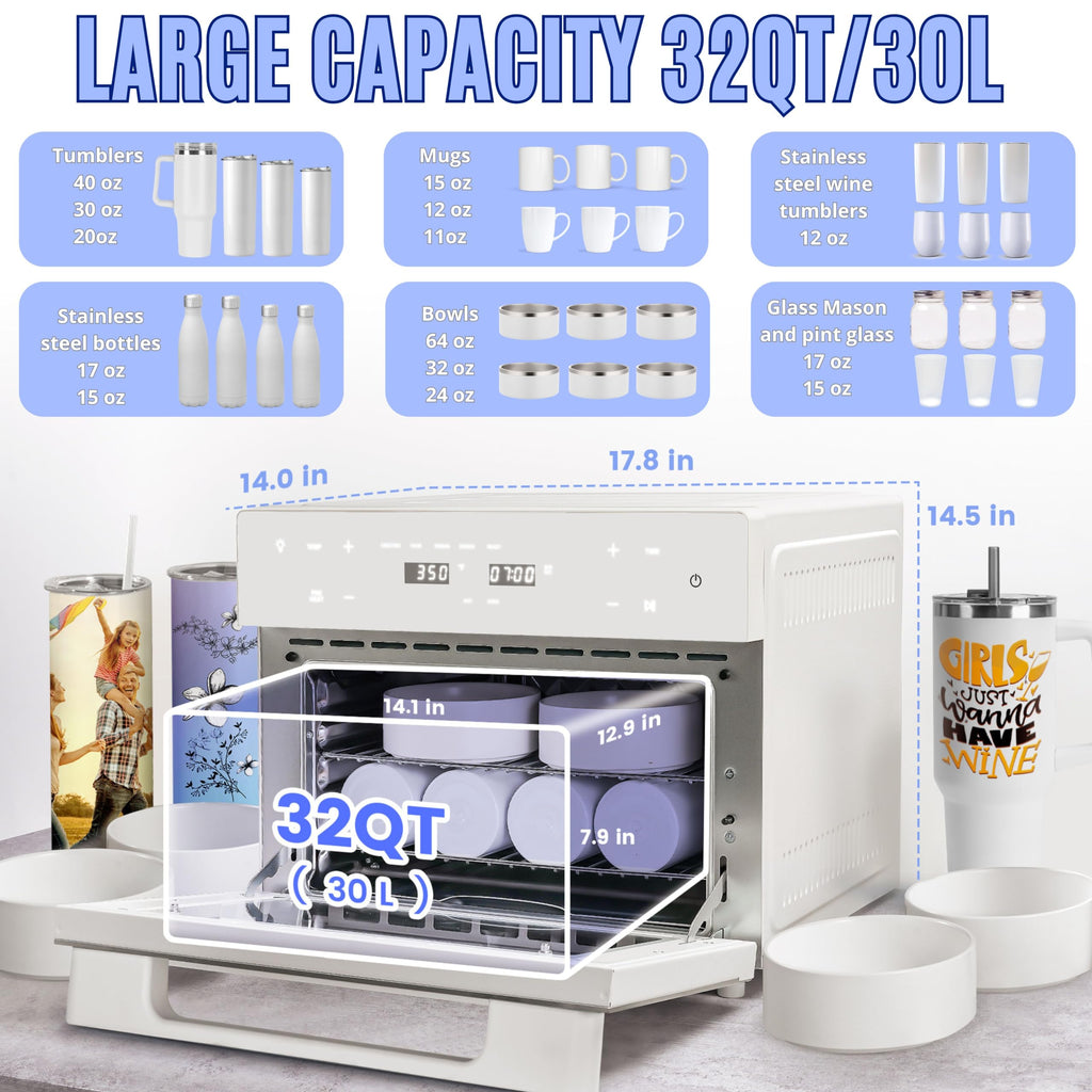 Sublimation oven machine 32Qt 110V 1800W convection for tumblers mugs bottles heat gun shrink wrap gloves tape