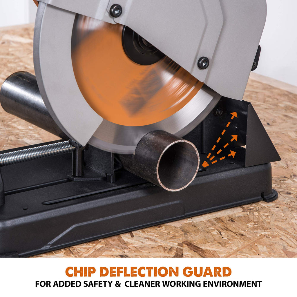 R355CPS 14 inch multi purpose chop saw cuts metal plastic wood miter cut up to 45 degrees TCT blade included