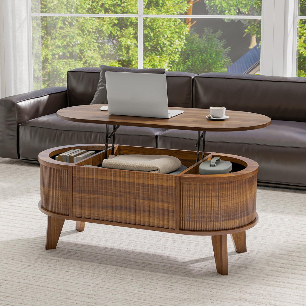 43.3 Inch Fluted Oval Lift Top Coffee Table with Storage, Walnut Finish