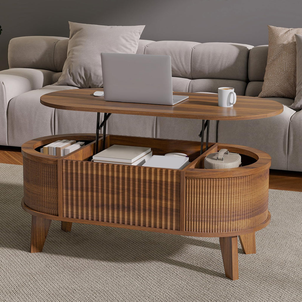 43.3 Inch Fluted Oval Lift Top Coffee Table with Storage, Walnut Finish