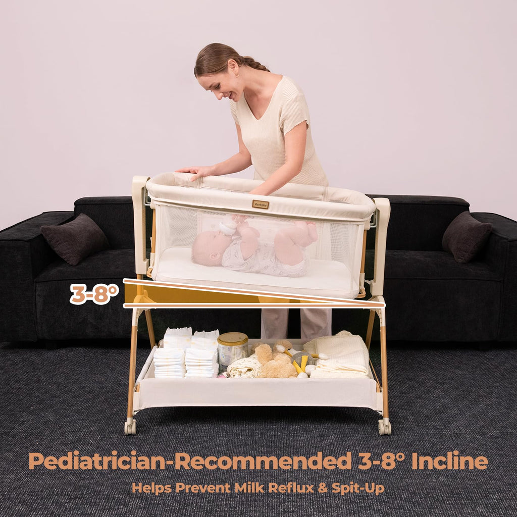 Bedside bassinet 3 in 1 rocking full mesh crib with mattress 6 height adjustable lockable wheels