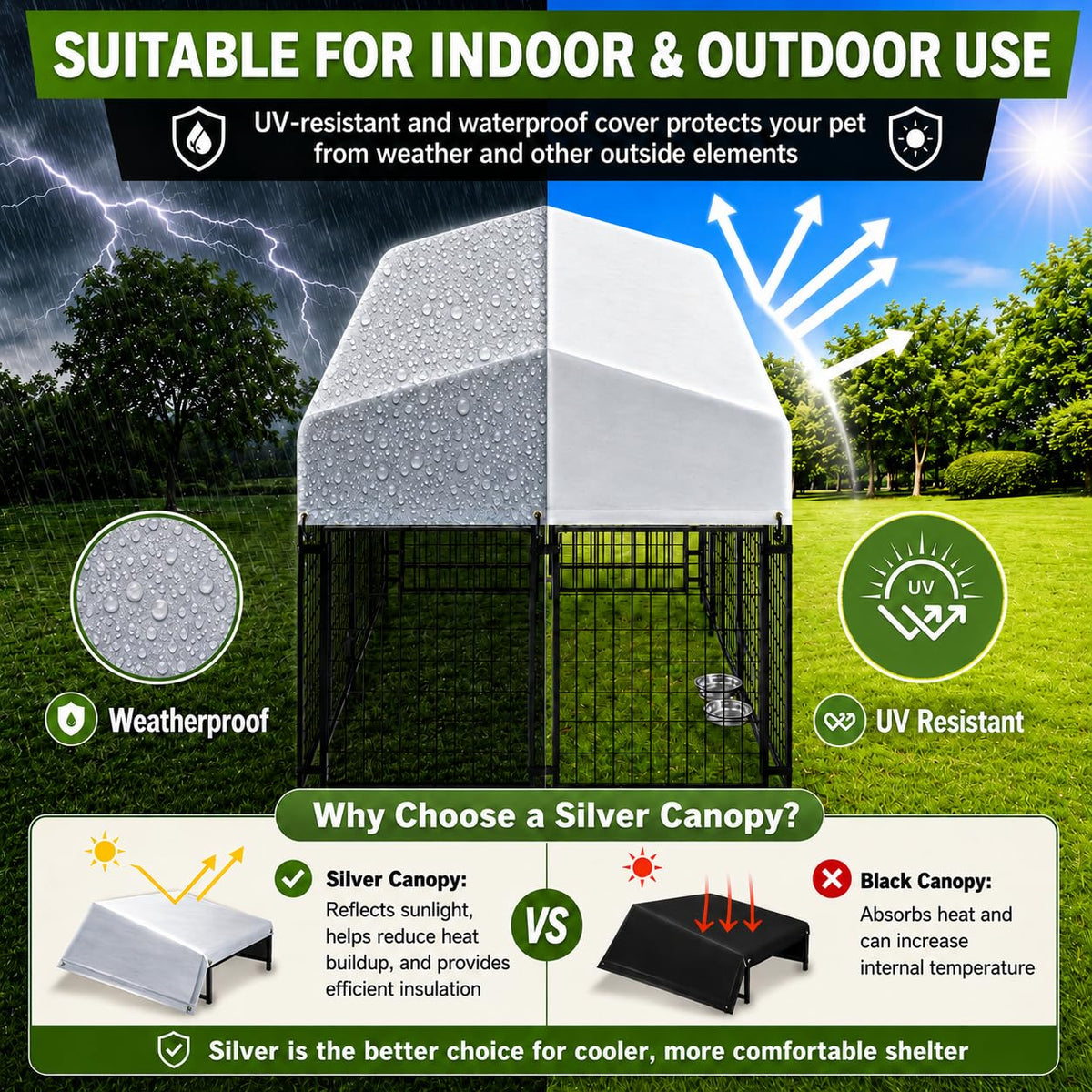 8x4x6 FT Outdoor Dog Kennel for Large Dogs with Silver Roof Heavy Duty Metal Pet Enclosure Exercise Run