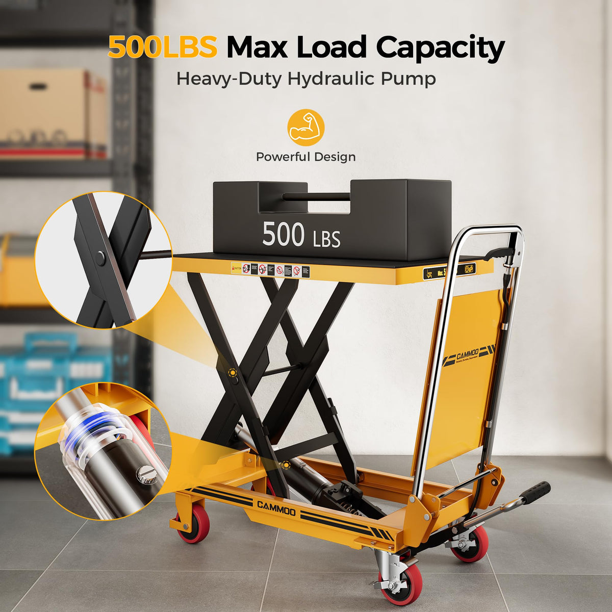 Hydraulic Lift Table Cart 500 lb Load Capacity Foldable Scissor Lift Yellow Portable Heavy Duty