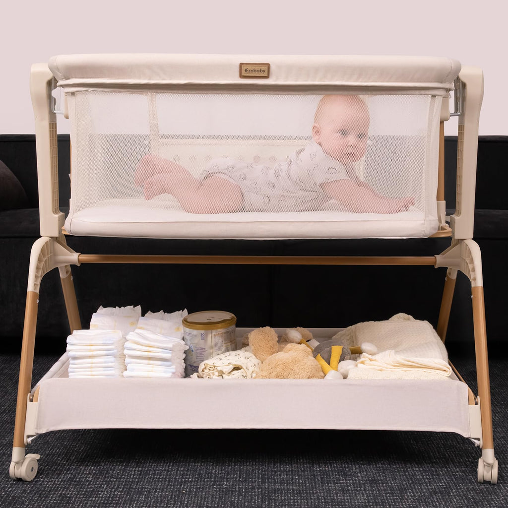 Bedside bassinet 3 in 1 rocking full mesh crib with mattress 6 height adjustable lockable wheels