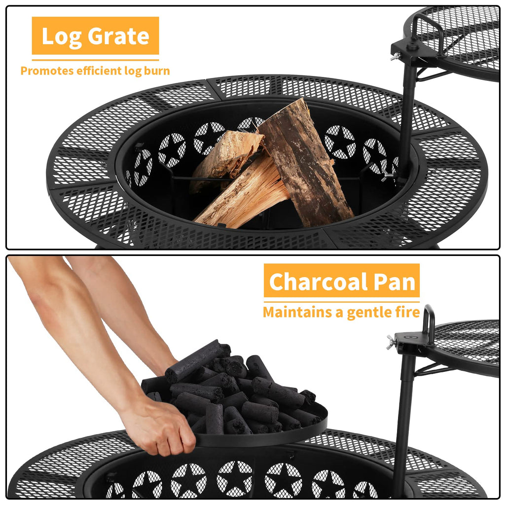 35 inch wood burning BBQ fire pit with 2 cooking grates charcoal pan cover lid round table for patio bonfire
