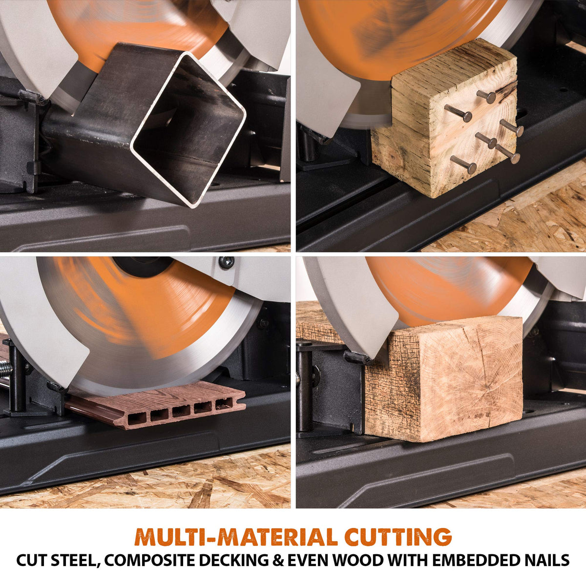 R355CPS 14 inch multi purpose chop saw cuts metal plastic wood miter cut up to 45 degrees TCT blade included