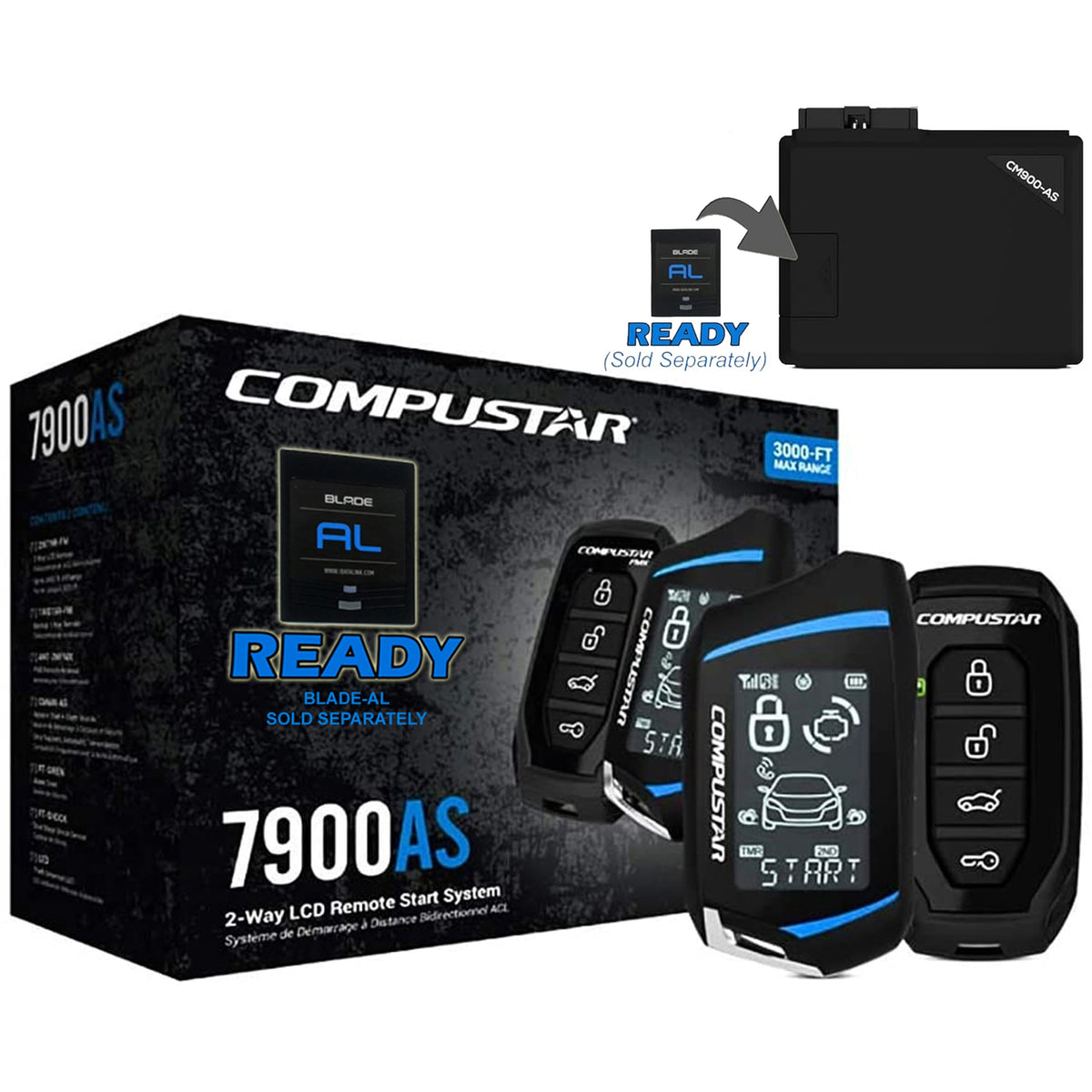 CS7900-AS All in One 2 Way Remote Start and Alarm Bundle with 3000 Feet Long Range for Cars