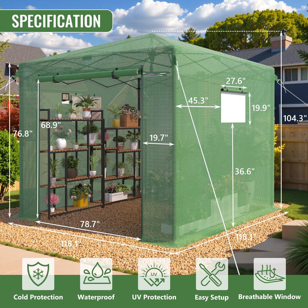 10x10 ft Portable Pop Up Greenhouse for Outdoors Walk In Greenhouse with PE Cover and Mesh Windows