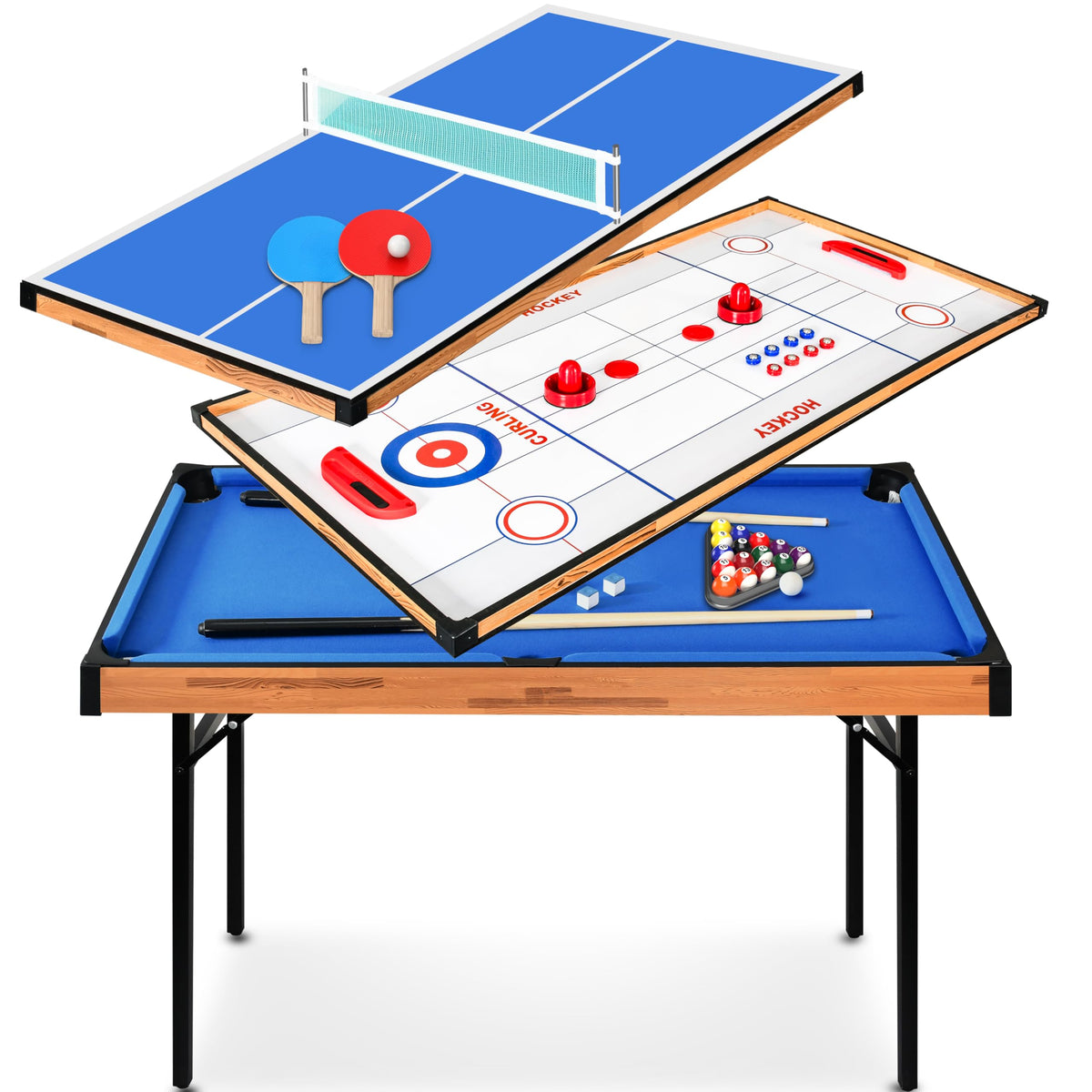 4 in 1 Multi Game Table 4x2 Folding Portable Ping Pong Air Hockey Pool Billiards Shuffleboard with Accessories
