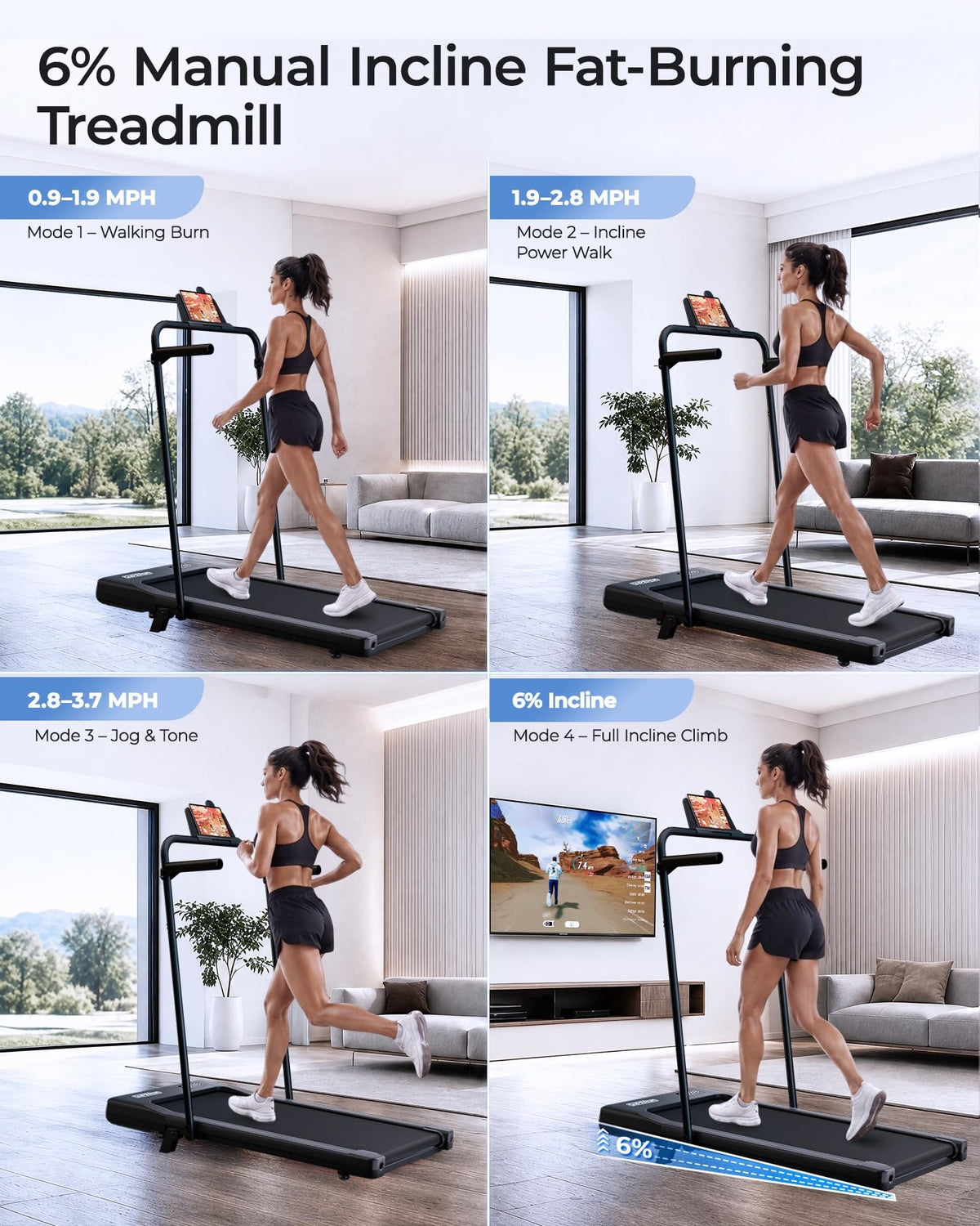 Under Desk Walking Pad with 6 Percent Incline 3 in 1 Portable Treadmill for Home Office Quiet Motor