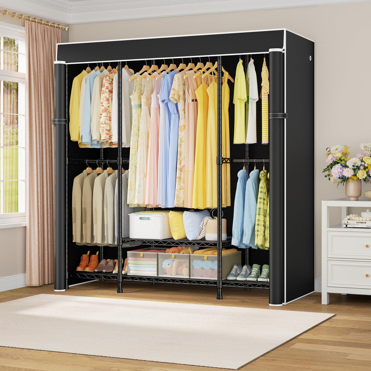 Heavy duty portable closet wardrobe with black fabric cover storage organizer for bedroom dorm