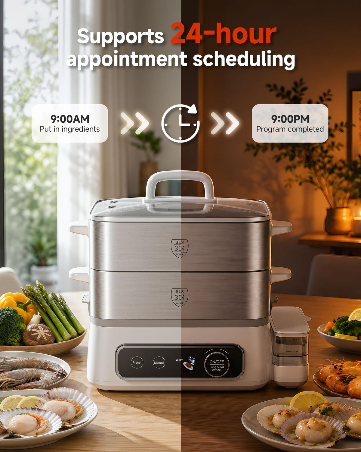 12.7 QT Electric Food Steamer for Cooking with 2 Tier 304 Stainless Steel Tray and Large Capacity
