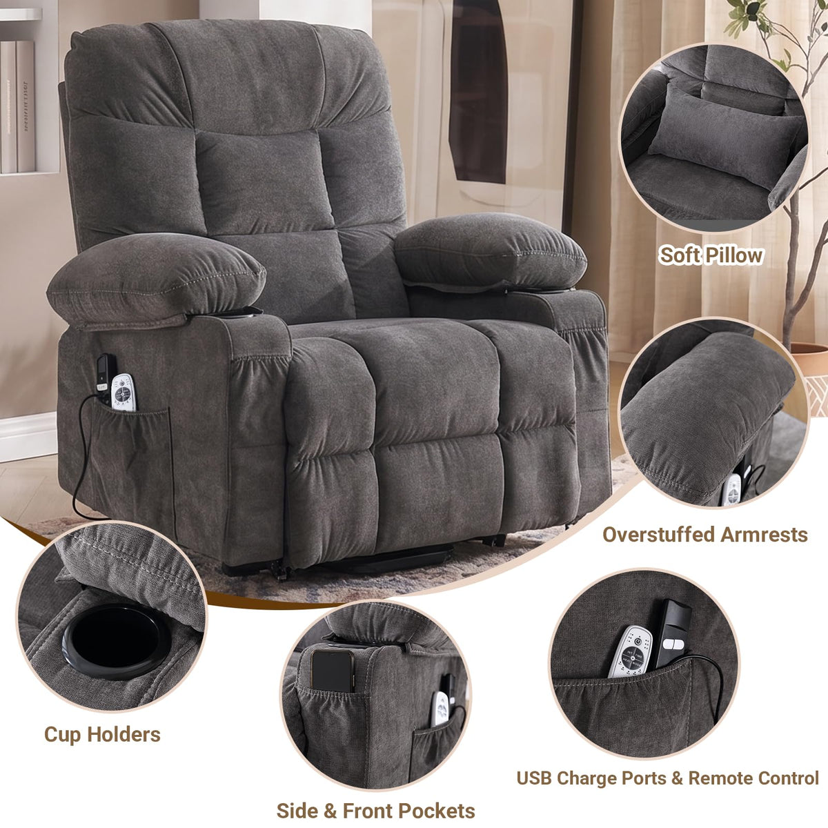 Power lift recliner chair for elderly with lumbar heat and massage grey fabric electric stand up assistance