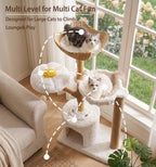 Modern Cat Tree with Hammock 48.5 Inches Cat Tower Real Wood Scratching Post Rattan Basket Perch Condo Beige