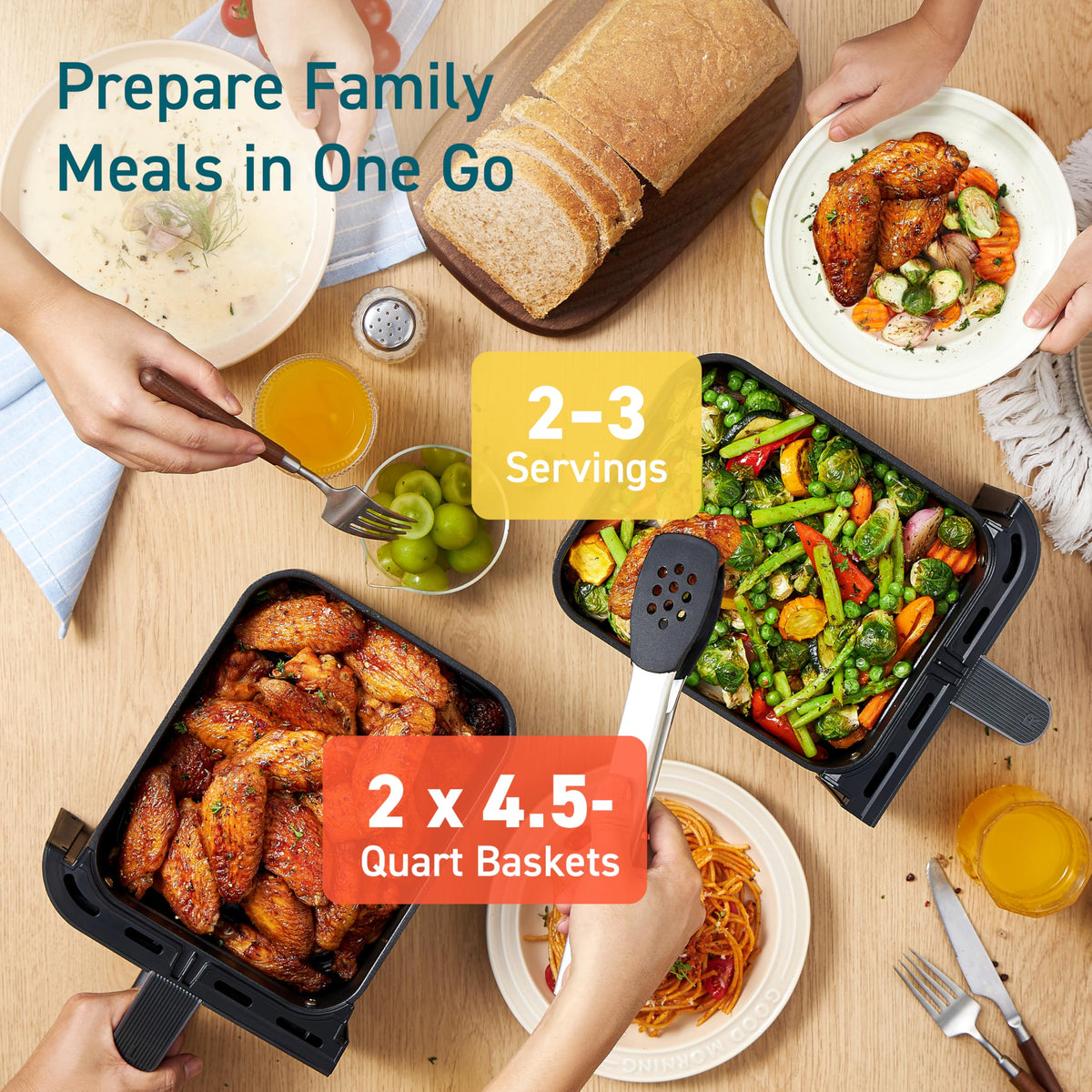 Dual air fryer 9QT 10 in 1 with sync cook and finish max 450F dual zone large capacity family size