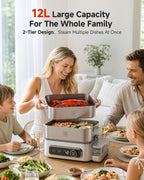 12.7 QT Electric Food Steamer for Cooking with 2 Tier 304 Stainless Steel Tray and Large Capacity